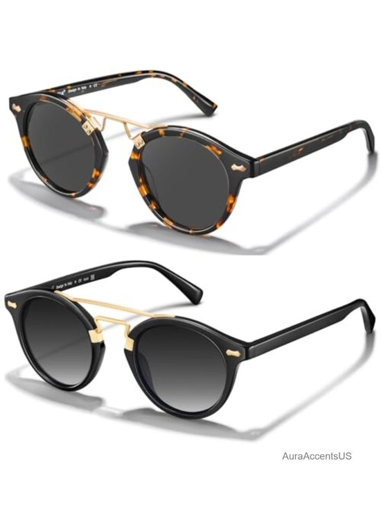 Acetate Double Bridge Sunglasses Polarized UV Protection Retro Round Metal Brow main image 6